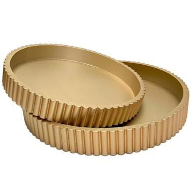 Imagem de Bandejas decorativas redondas de mesa moderna, 2 peças, decoração de casa, conjunto de centro de mesa de centro circular, 30,5 cm/25,4 cm - Bandeja de concreto dourada com borda canelada