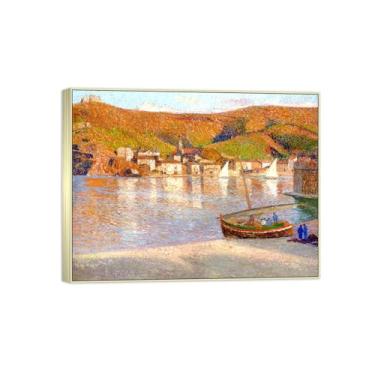 Imagem de Pintura famosa em tela - imagem de arte de parede de paisagem - veleiros no porto - pôster moldura prata para decoração de casa 70 x 90 cm 27 x 35 pol