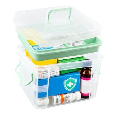 Imagem de Equivira Caixa organizadora de medicamentos transparente de 15 litros com bandeja e alça, caixa de primeiros socorros vazia, caixa médica multiuso com alças de tampa