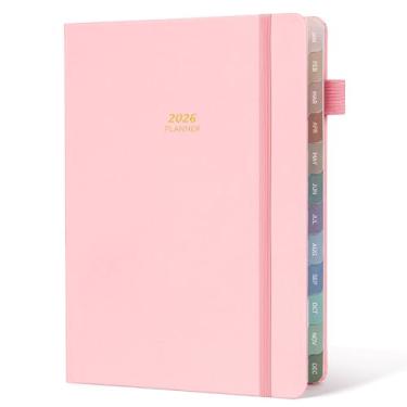 Imagem de Capa de linho 2025-2026, agenda diária semanal e mensal, caderno de tarefas 2025-2026 com abas mensais coloridas, bolso interno, fecho elástico (rosa, 19 x 25 cm)
