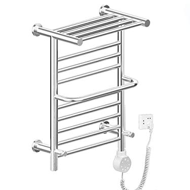 Imagem de Toalheiro elétrico aquecido radiador 9 bar montado na parede aquecedor de toalhas com prateleira superior 304 aço inoxidável plug-in toalheiro aquecido com função de temporização para banheiro