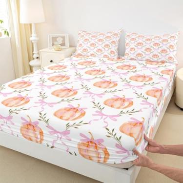 Imagem de Jogo de cama casal com estampa de abóbora, laço rosa, 3 peças, para decoração de quarto de crianças, meninas, mulheres, folhas de palmeira, natureza, botânico, lençol com elástico alto, 2 fronhas