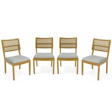 Imagem de Kit Com 4 Cadeiras Milena Madeira Maciça Assentos Estofados Encostos De Tela Palha Sextavada