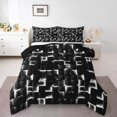 Imagem de Erosebridal Conjunto de edredom geométrico quadriculado, solteiro, neon, preto e branco, para decoração de quarto de jogadores, geométrico, quadriculado, geométrico, edredom