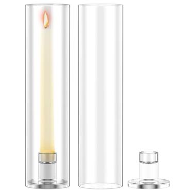Imagem de 2 peças de castiçal com tampa de cilindro de vela de vidro transparente suporte de castiçal cônico à prova de vento adequado para decoração de mesa de festa (cor transparente, 2 conjuntos)