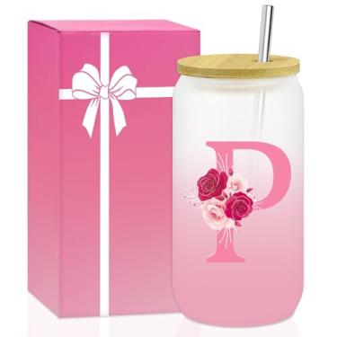 Imagem de AiHeart Presentes personalizados para mulheres, copo de vidro inicial com tampa e canudo, caneca de café gelado, copo de cerveja de smoothie, copo de vidro de 473 ml com tampa e canudo, presentes de
