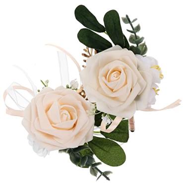 Imagem de 1 conjunto de buquê de flores artificiais e flor na lapela elegante, corpete de pulso para noivas e noivos com lapela combinando para decorações de festa de casamento