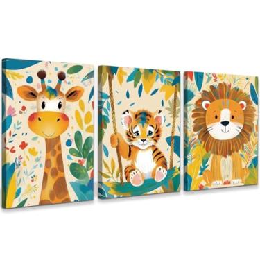 Imagem de Impressão em tela emoldurada para berçário - Conjunto de 3 decorações de parede de quarto de bebê de animais safári, girafa fofa leão tigre pintura tema safári decorações de sala de jogos de berçário
