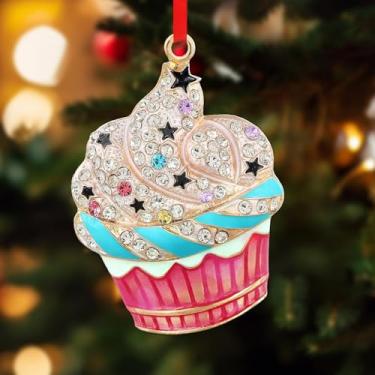 Imagem de Enfeites de estrela em forma de cupcake – pingentes de sobremesa de metal rosa e verde para árvore de Natal, festa e decoração de casa