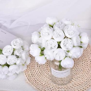 Imagem de 9 peças/conjunto 27 cabeças rosas peônia flores artificiais buquê de seda para vaso de mesa, decoração de casamento em casa, flores falsas, 30 cm (branco)