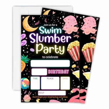 Imagem de Convite de aniversário de festa do pijama de natação com 15 envelopes brancos combinando para meninos e meninas, suprimentos de decorações de festa de aniversário de verão-OL-A84