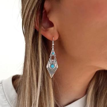 Imagem de Brincos banhados a prata para mulheres - Brincos pendentes de design turquesa e tribal, joias hipoalergênicas personalizadas que não mancham, presentes de aniversário de Natal, joias modernas