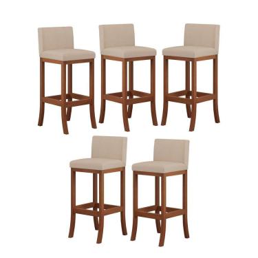 Imagem de Kit 5 Banquetas Alta Encosto Estofado 38x100 Cm Ilha Espanha Madeira Maciça Castanho Suede Bege CCS