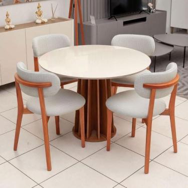 Imagem de Mesa de Jantar 115cm Redonda Tampo c/ Vidro e 4 Cadeiras em Madeira Na