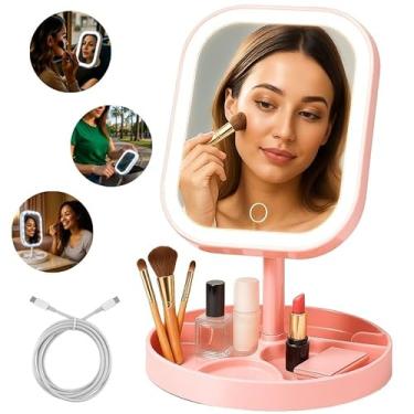 Imagem de Espelho de Maquiagem com Luz LED Sensor Touch 3 Tonalidades Ajuste de Brilho Recarregável Base Porta Maquiagem Bateria 3200mAh Portátil Luz Profissional (ROSA)