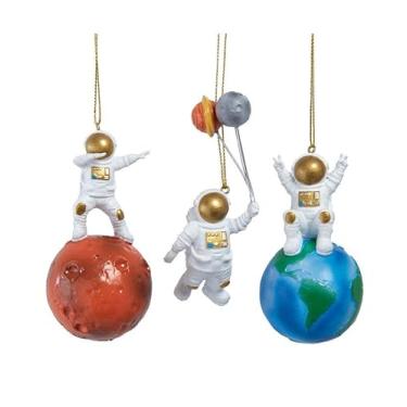 Imagem de The Bridge Collection Conjunto de 3 enfeites de Natal de astronautas – Decorações do espaço sideral com planetas e balões espaciais – Decoração divertida de férias