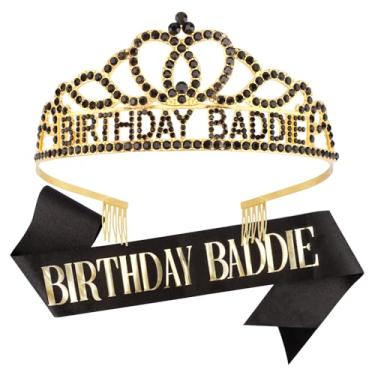Imagem de Canitor Tiara de aniversário Baddie Decorações de aniversário, acessórios, lembrancinhas de festa, suprimentos para mulheres adultas e meninas, Preto, dourado, one size fit all