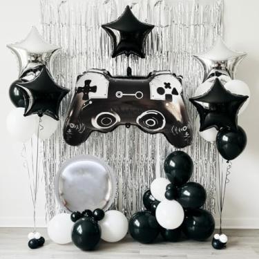 Imagem de Conjunto de balões de controle de videogame, 48 peças de decoração de festa para jogos preto e branco, prata, controle de folha de 71 cm, cortina de borla, balões de estrela, balões de látex para