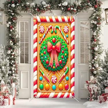 Imagem de BlissYard Capa para porta de Feliz Natal, 89 x 188 cm, banners de porta de varanda, decoração de inverno, guirlanda de doces de gengibre com laço vermelho e hortelã-pimenta, para decoração interna e