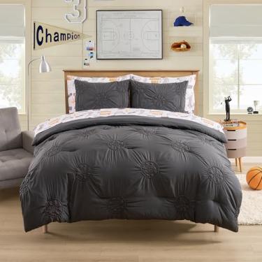 Imagem de Conjunto de edredom de basquete Pintuck de casal – Cama em uma bolsa com lençóis, fronhas e fronhas – Roupa de cama esportiva elegante e macia – Conjunto de cama de basquete para meninos para todas as