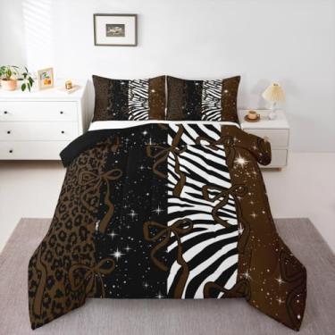 Imagem de Feelyou Conjunto de cama macio para meninos e meninas, estampa de leopardo, edredom fofo, princesa, microfibra, marrom, preto, moderno, 2 peças com 1 fronha