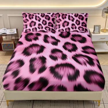 Imagem de AILONEN Jogo de cama com estampa de leopardo rosa para crianças, meninas, mulheres, solteiro, GG, textura de pele de animal selvagem, bolso profundo de guepardo, 1 jogo de lençol com elástico + 2
