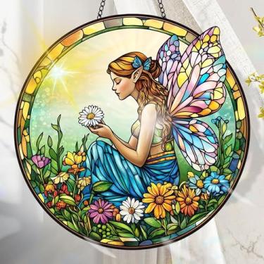 Imagem de Apanhador solar de acrílico colorido, decoração de janela suspensa de elfo com design de vitral impresso, apanhador de sol, arte de parede de arco-íris, ideia de presente e ornamento de jardim, uso