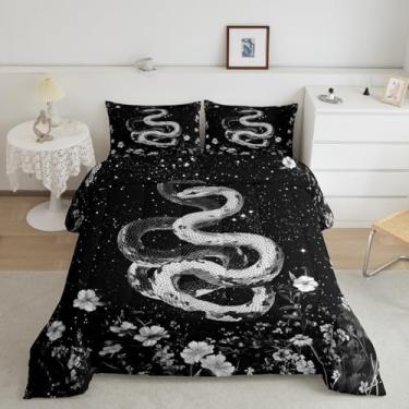 Imagem de Erosebridal Conjunto de cama casal de cobra (preto e branco) - Conjunto de edredom floral branco rústico vintage boêmio, vida selvagem, animais de sangue frio, conjunto de edredom e colcha