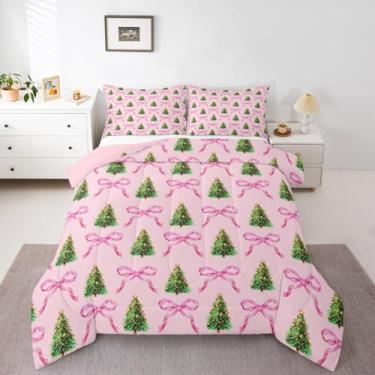 Imagem de Feelyou Conjunto de edredom de Natal rosa, tamanho solteiro, fofo, árvore de Natal, para meninos e meninas, adolescentes, kawaii, laço, inverno, férias, edredom para decoração de quarto