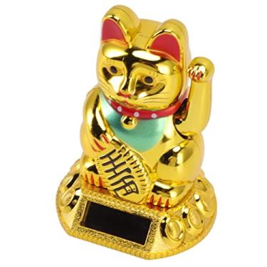 Imagem de AYNEFY Decoração Chinesa de Gato da Sorte, Estatueta de Gato Acenando Dourada Movida a Energia Solar, Ornamento Bonito de Maneki Neko para Uso Doméstico e de Escritório 3,15X1,77X1,77In (Dourado)