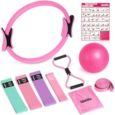 Imagem de Conjunto de anéis de Pilates para mulheres, kit de equipamentos de pilates em casa com faixas de resistência, faixas de treino figura 8, círculo mágico, mini bola, conjunto compacto de acessórios para