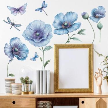 Imagem de Adesivos de parede CNUSER 3D Flower removíveis à prova d'água (azul)