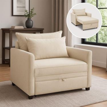 Imagem de Poltrona Cama Retrátil Solteiro Com Rodízio Cloe Bouclê E03 - D'rossi Bege