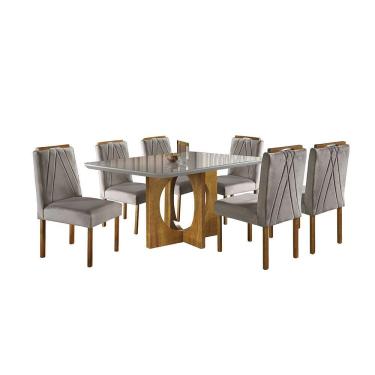Imagem de Conjunto Sala De Jantar 6lug Noronha Mesa E Cadeiras Maciça Mel Off White Com Marrom Acinzentado