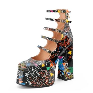 Imagem de Perisis Botas femininas plataforma Mary Janes salto alto bloco grosso cano curto bico fechado botas botas gótico lolita sapatos, Graffiti preto, 38