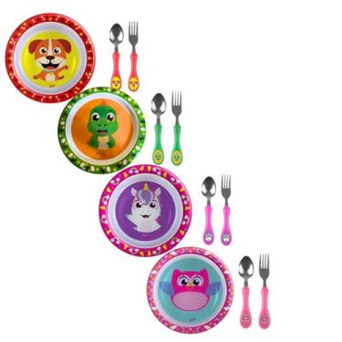 Imagem de Prato Infantil Fundo + Talher Inox Kit Personagem Colorido - Arts, Din