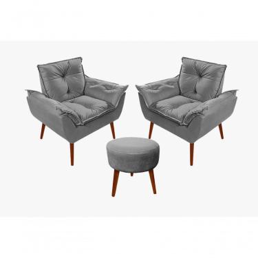 Imagem de Kit C-02 Poltronas Opala + 01 Puff Redondo Danny Suede Cinza Claro