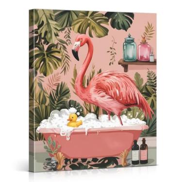 Imagem de Impressão de arte de parede de banheiro flamingo botânico engraçado flamingo tropical na banheira imagem engraçada decoração de parede de banheiro 20 x 25 tela emoldurada
