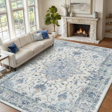 Imagem de RELEANY Area Rugs 2,5 m x 30,5 cm lavável aspirador de pó, antiderrapante, floral, vintage, estampa de angústia, tapete medalhão para sala de estar, quarto, azul claro, azul-marinho, bege, cinza