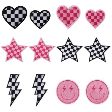Imagem de Mikzhskr 12 peças de adesivos quadriculados para corrida, relâmpago, rosto, coração, estrela, costurar, reparar, bordado, acessórios para mochilas, roupas, jeans, jaquetas, colete jeans, bolsas