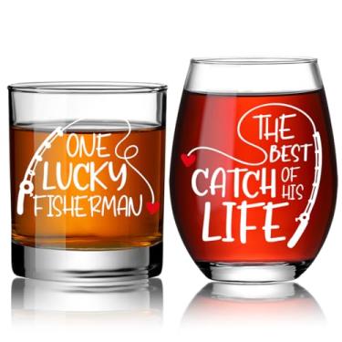 Imagem de Ymzkpoa Conjunto de presente de casal para pais, recém-casados, amigos, um grande pescador, melhor captura da sua vida, taça de uísque e taça de vinho, presentes de inauguração de casa para amantes