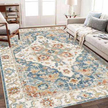 Imagem de Enkor Tapetes macios de área, 10 x 15 cm, lavável, antiderrapante, boho, para sala de estar, quarto, estilo vintage, tapete de casa de fazenda para entrada de cozinha, laranja e azul