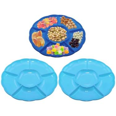 Imagem de CAOXIAOXUYAO Bandejas redondas de plástico de 30,5 cm com 3 unidades, 6 pratos secionais para servir pratos de comida para doces, nozes, vegetais, frutas, ação de graças (3, azul, azul, escuro)