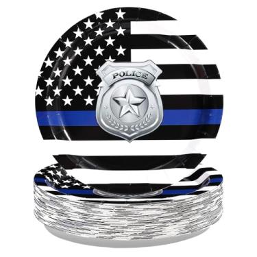 Imagem de 50 peças de pratos de papel para pós-graduação da Academia de Polícia, 23 cm, linha azul, pratos de sobremesa de aposentadoria da polícia, descartáveis, parabéns, oficiais, suprimentos de festa para