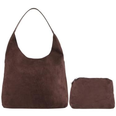 Imagem de Bolsa Hobo de veludo para mulheres, bolsa de ombro de camurça marrom com grande bolsa interna com zíper, ideal para trabalho e passeios casuais