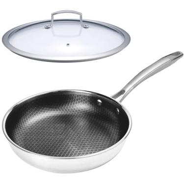 Imagem de Frigideira híbrida antiaderente, 28 cm, aço inoxidável de três camadas + tampa de vidro temperado, compatível com todos os cooktops