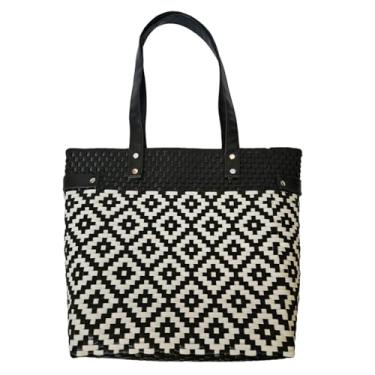 Imagem de Sacola artesanal feita à mão para mulheres, bolsa de ombro feita à mão, sacola de tecido em dois tons, preta e branca, bolsa de ombro boho ecológica para trabalho, praia ou viagens