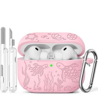 Imagem de Capa protetora de silicone macio com estampa de tartaruga fofa compatível com Apple AirPods Pro 3ª geração para mulheres e homens com chaveiro, rosa