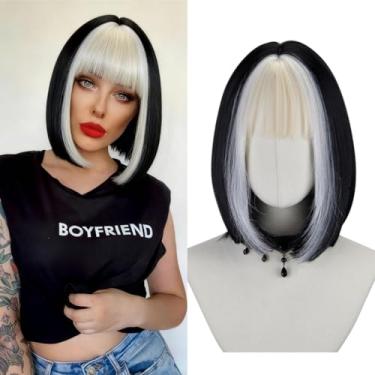 Imagem de FREE BEAUTY Peruca preta bob com franja curta preta reta para mulheres, comprimento até os ombros, fibra resistente ao calor, perucas de cabelo sintético, substituição de cabelo natural, 30,5 cm