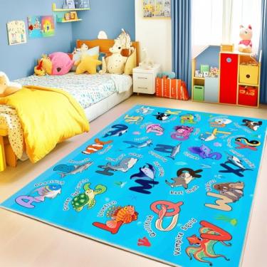 Imagem de Bolacrom Tapetes infantis para sala de jogos, tapete educativo para aprender o alfabeto ABC, macio, lavável na máquina, antiderrapante, fofo, organismos marinhos para sala de aula, berçário, decoração